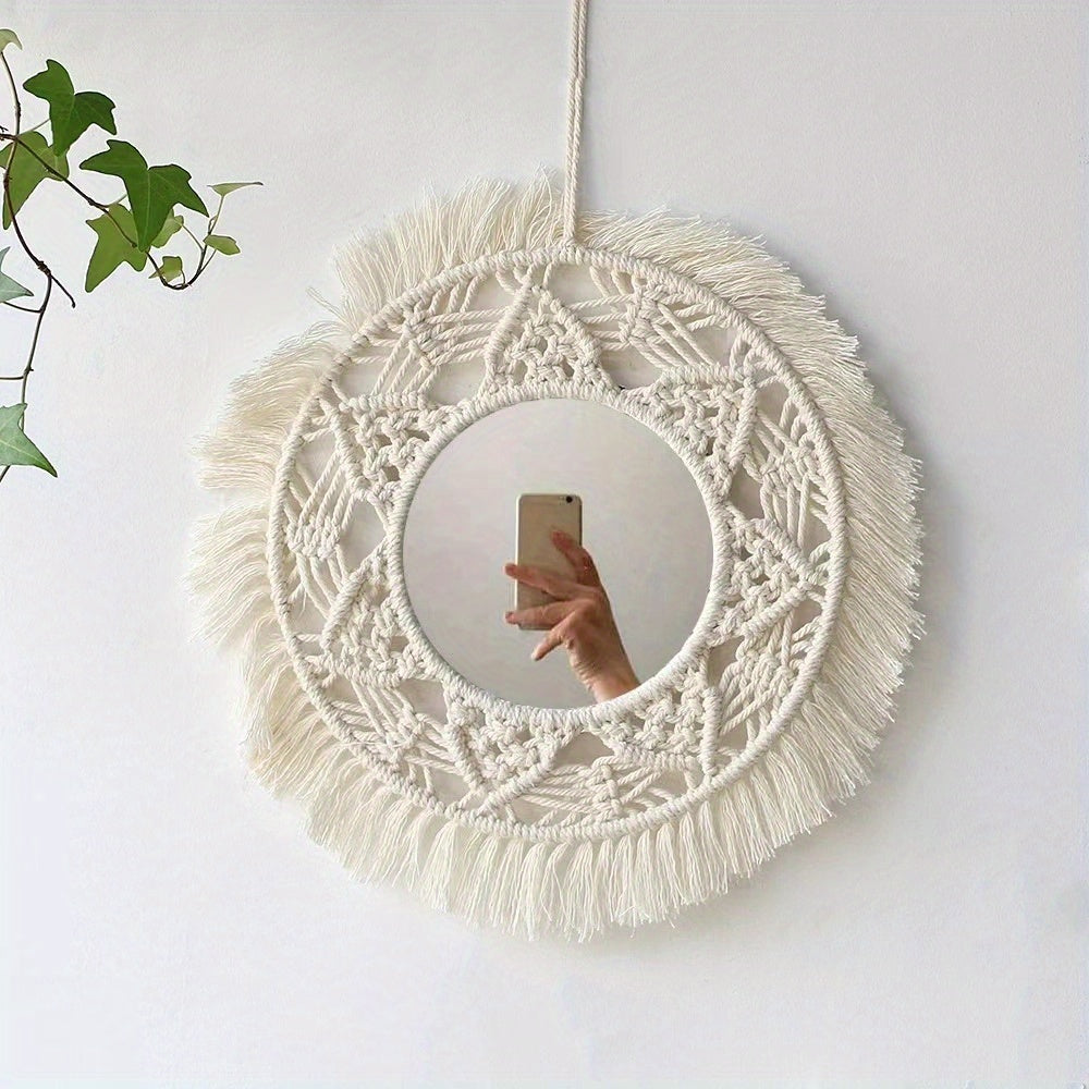 1 miroir à pampilles circulaire tissé à la main - Style encastré fixé au mur