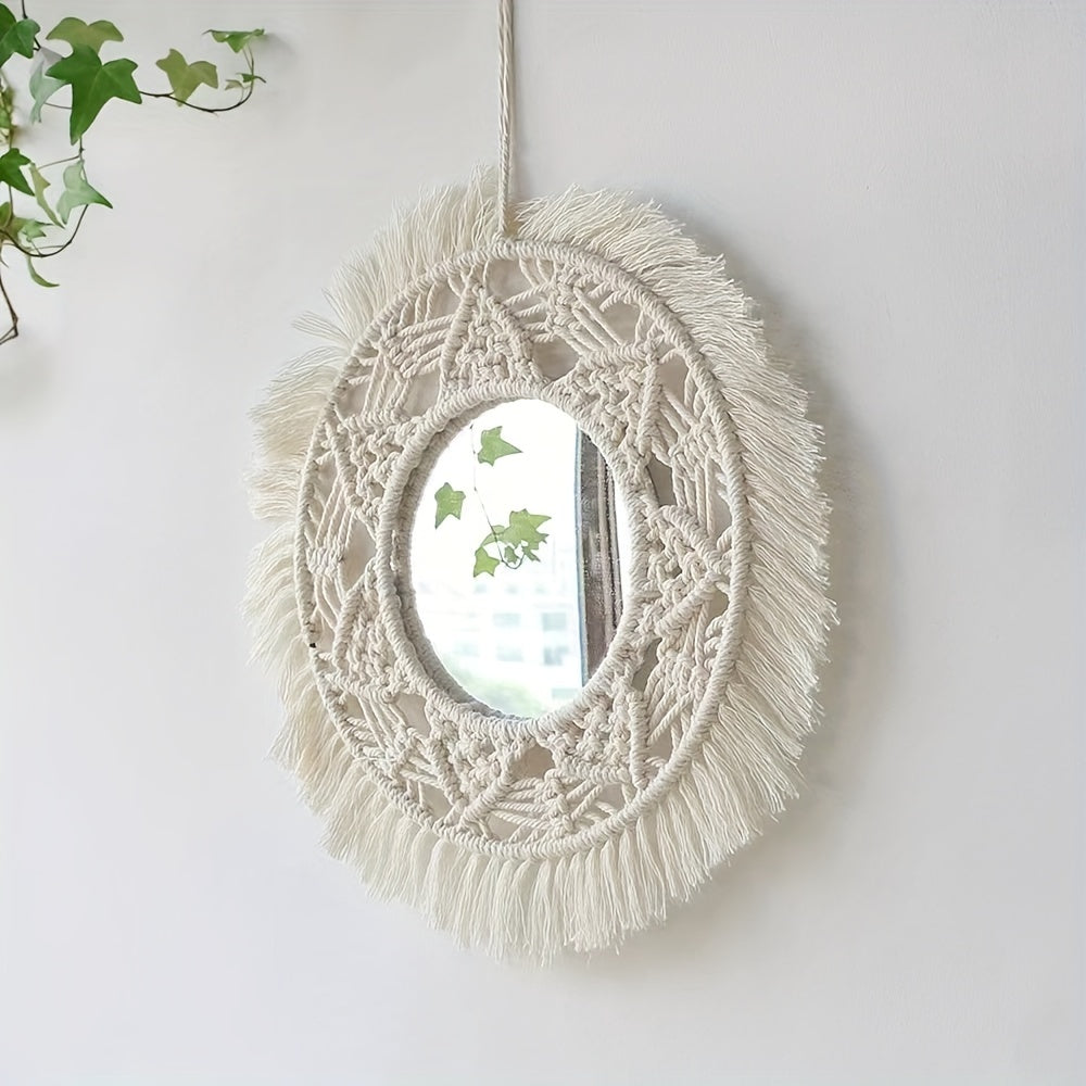 1 miroir à pampilles circulaire tissé à la main - Style encastré fixé au mur