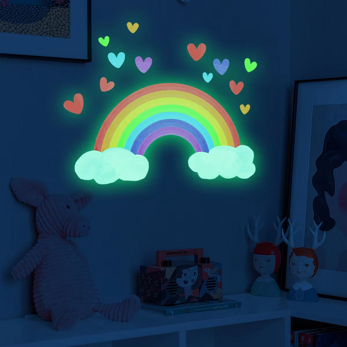 1 autocollant mural lumineux arc-en-ciel, nuages et cœurs d'amour - Autocollant