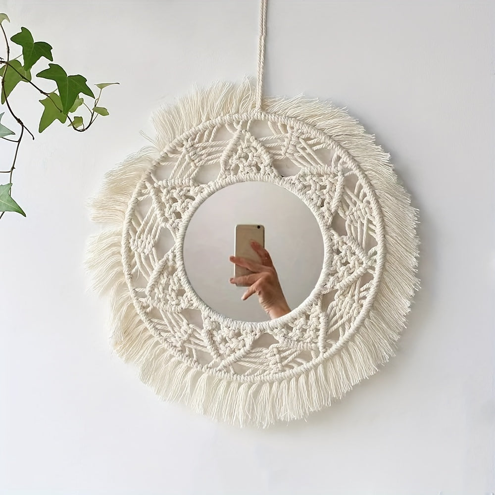 1 miroir à pampilles circulaire tissé à la main - Style encastré fixé au mur