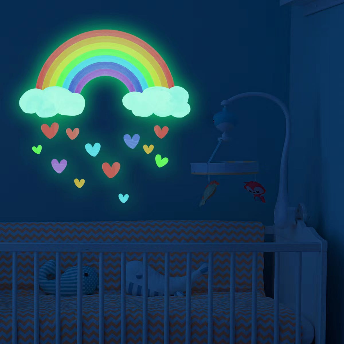 1 autocollant mural lumineux arc-en-ciel, nuages et cœurs d'amour - Autocollant