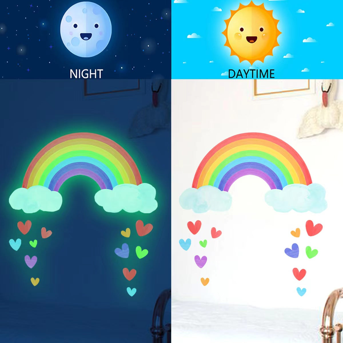 1 autocollant mural lumineux arc-en-ciel, nuages et cœurs d'amour - Autocollant