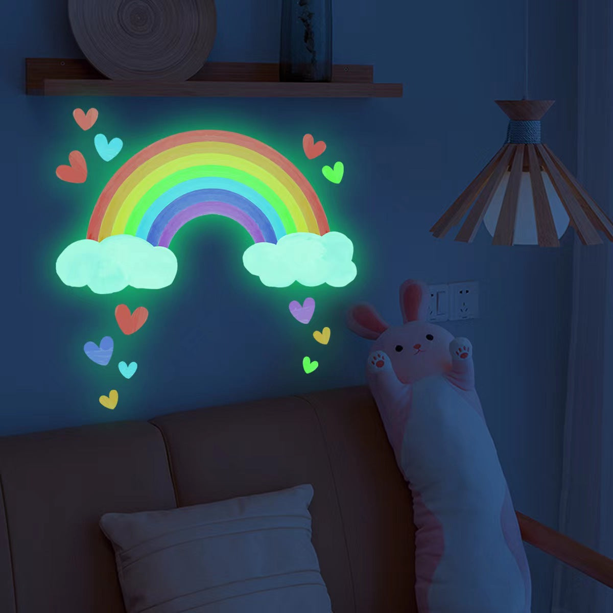 1 autocollant mural lumineux arc-en-ciel, nuages et cœurs d'amour - Autocollant