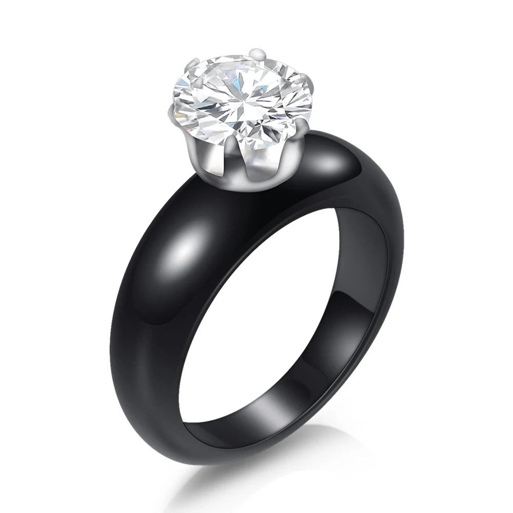 Bagues en céramique blanche et noire pour femmes, Surface lisse incrustée de Zircon, en acier inoxydable, cadeau de fiançailles et de mariage