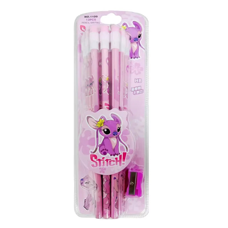 12 crayons HB de dessin animé Stitch Lilo & Stitch, 12 crayons et 1 rouleau à crayons, coffret de papeterie, écriture et dessin