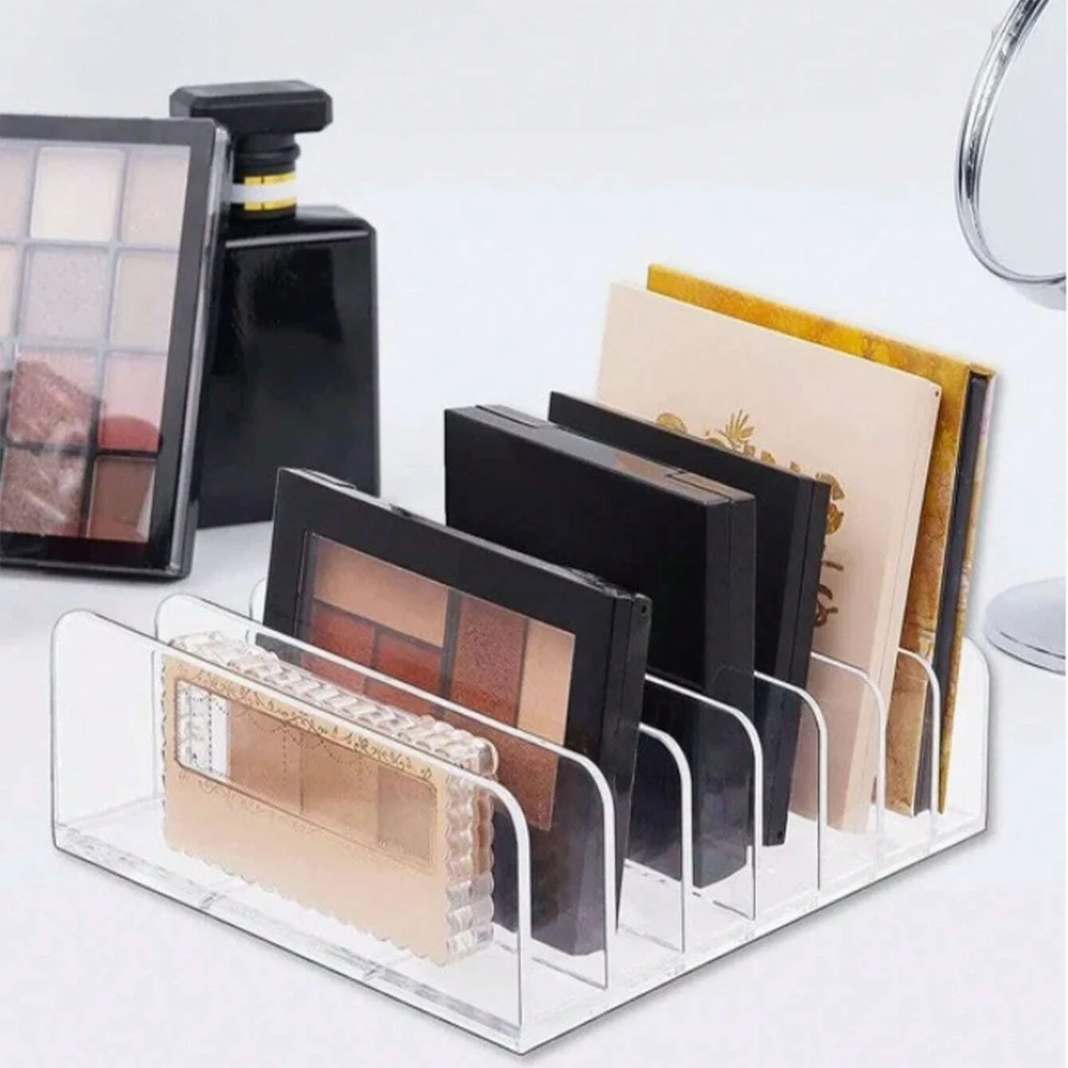 7-Compartment Transparent Makeup Organizer for Eyeshadow Palette and Cosmetics, Vanity Table and Bathroom Countertop Storage Box