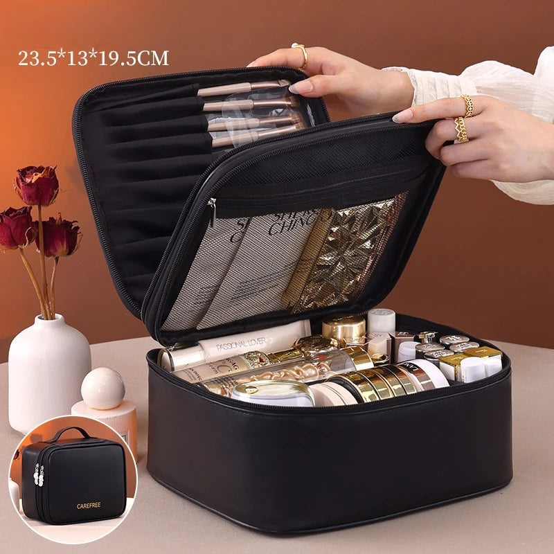 Pu Leather Fashion Women Travel Makeup Bag Tote Large Capacity Organizer Cosmetic Toiletry Pouch Luxury Double Layer Makeup Bag
