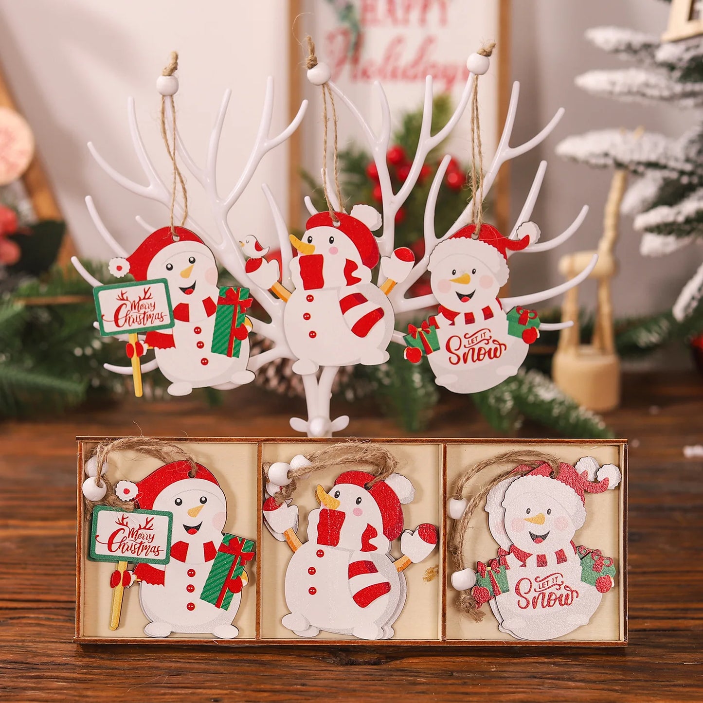 Décoration de Noël en bois, père Noël, bonhomme de neige, wapiti, décoration d'arbre de Noël, 9 pièces