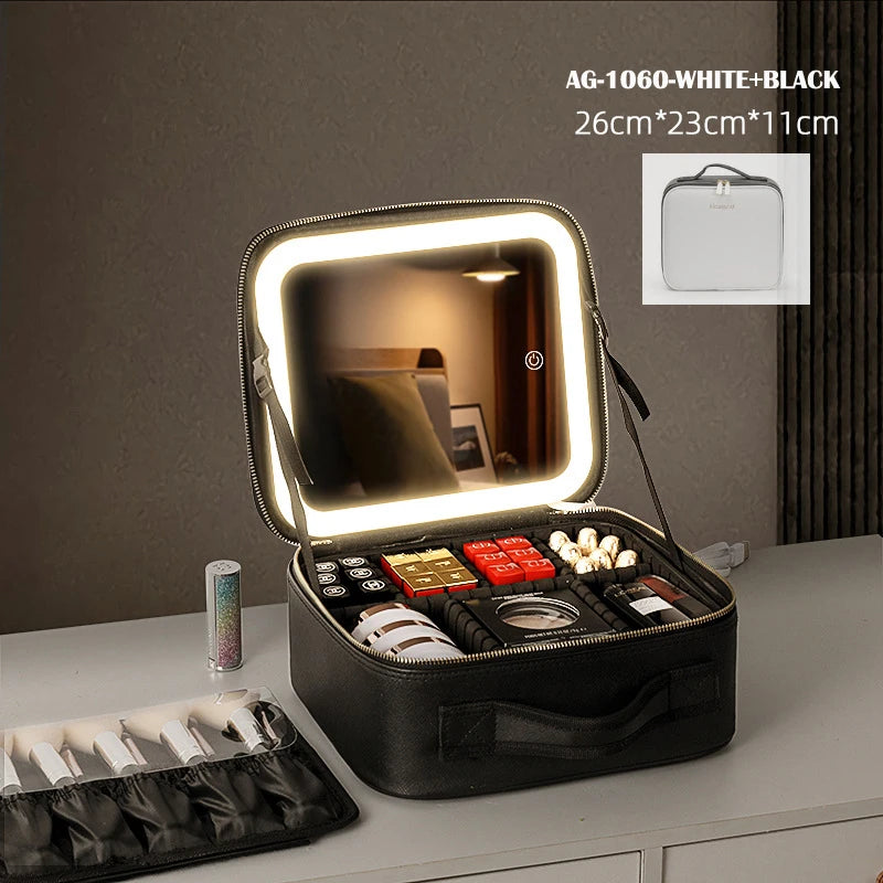 Boîte de rangement de voyage Portable pour cosmétiques, avec sacs de vanité rechargeables Led 2000mAh, étui de maquillage avec miroir lumineux Led