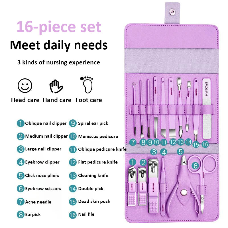 Ensemble de manucure professionnel 12/16 pièces, Kit complet de pédicure en acier inoxydable avec étui Portable en cuir, idée cadeau