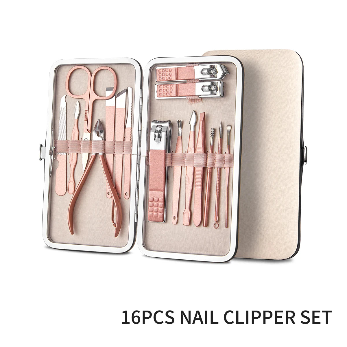 7/16/28 pièces ensemble de coupe-ongles ensemble de manucure professionnel ciseaux de pédicure en acier inoxydable outil de toilettage avec étui de voyage rose