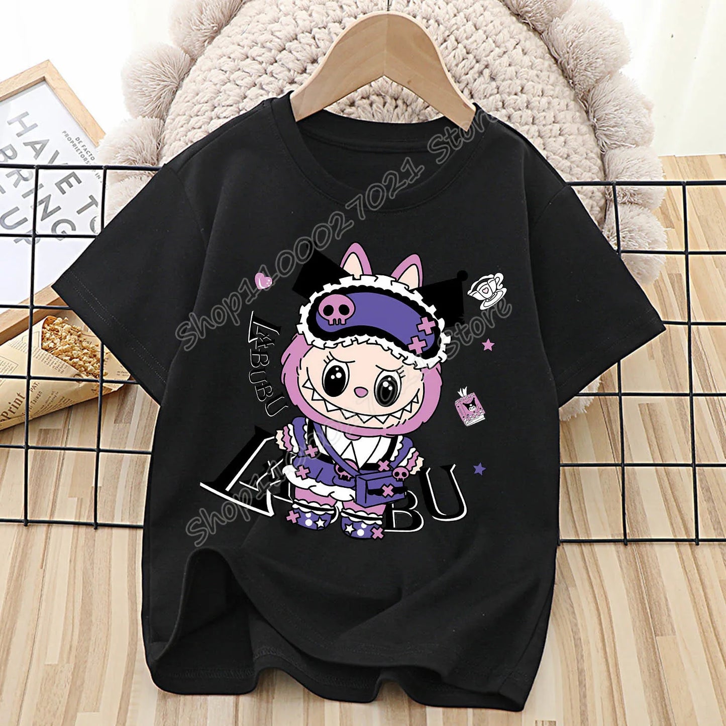 Labubu T-shirt pour enfants mignon dessin animé Anime T-shirt haut noir à manches courtes col rond vêtements mode enfants vêtements d'été cadeau