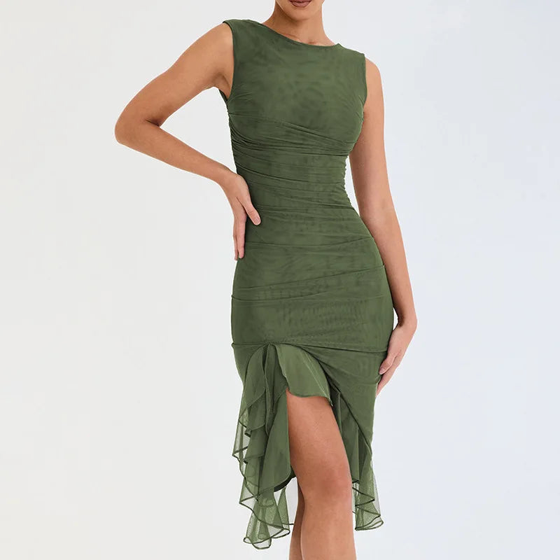 Robe mi-longue froncée à volants pour femmes, robe élégante, dos nu, fibre irrégulière, club, fête, sexy, été, nouveau