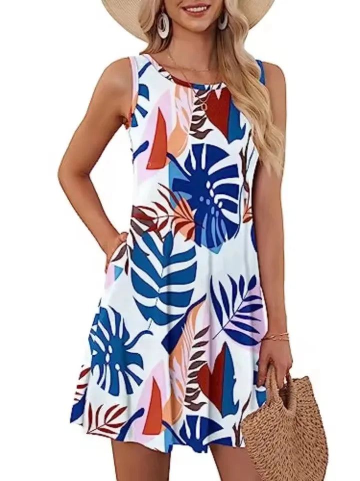 Mini robe trapèze rétro à col rond pour femmes, robes d'été pour femmes, poche en fibre, imprimé floral, glacé, précieux, décontracté