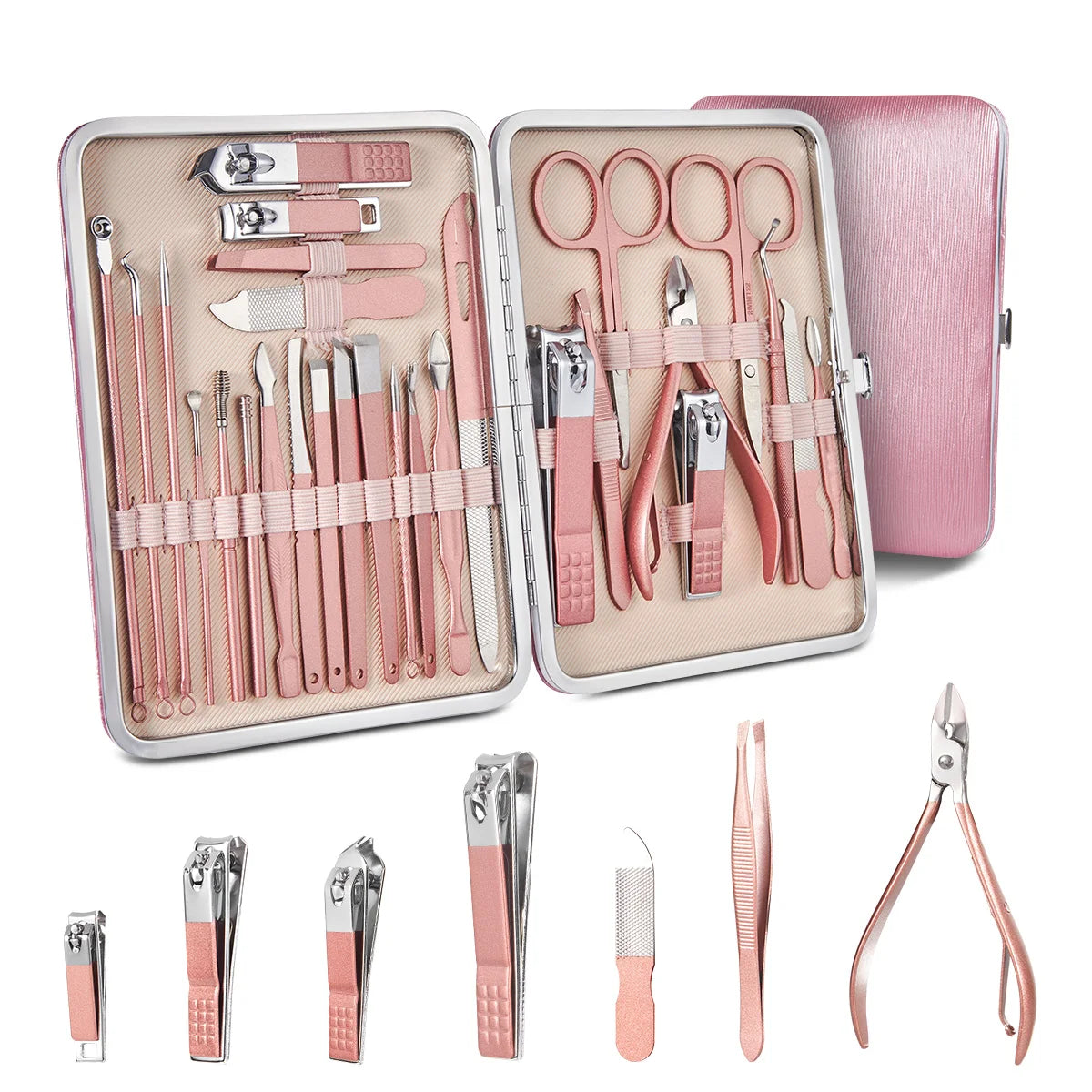 7/16/28 pièces ensemble de coupe-ongles ensemble de manucure professionnel ciseaux de pédicure en acier inoxydable outil de toilettage avec étui de voyage rose