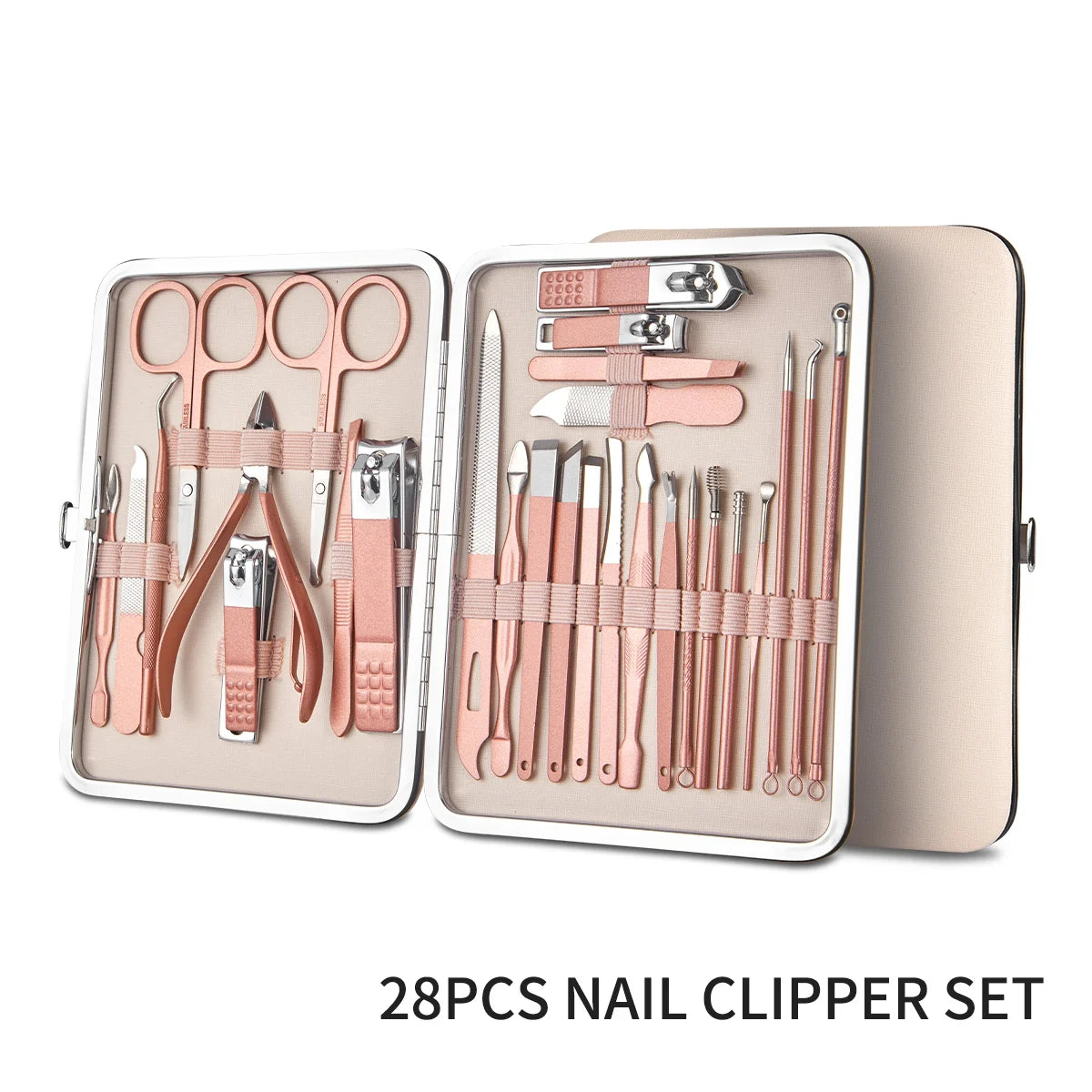 7/16/28 pièces ensemble de coupe-ongles ensemble de manucure professionnel ciseaux de pédicure en acier inoxydable outil de toilettage avec étui de voyage rose