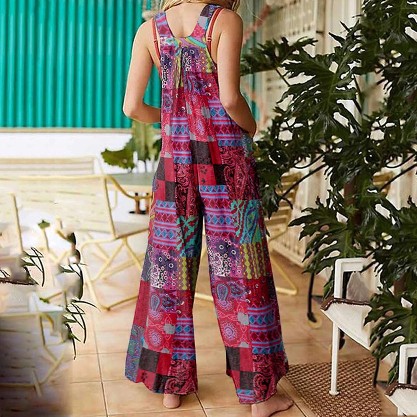 Combinaisons d'été pour femmes, salopette multicolore style ethnique, col carré, barboteuse décontractée avec poches pour filles