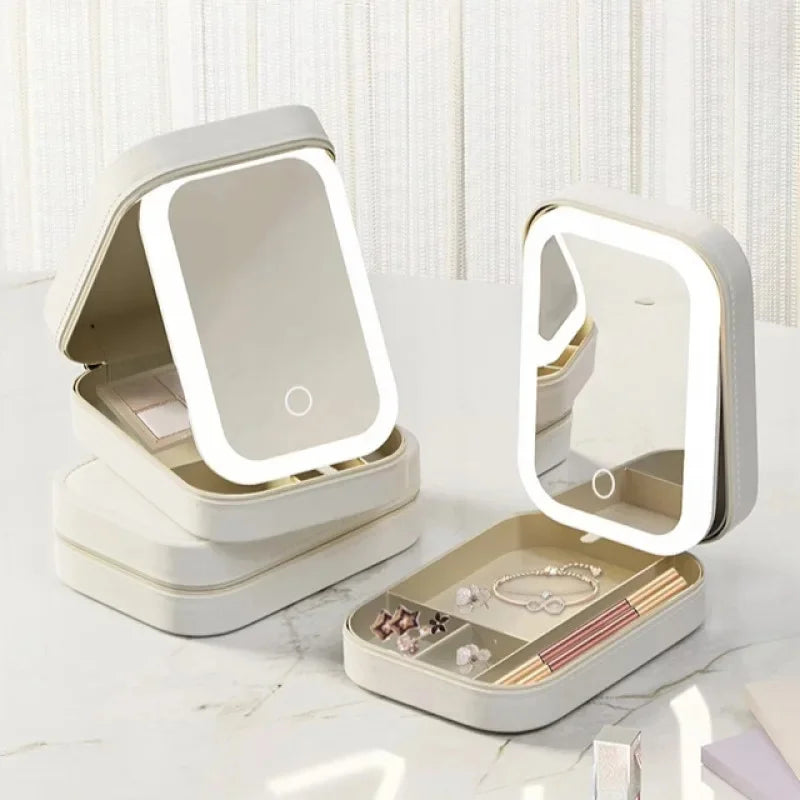 Boîte de rangement de maquillage avec miroir lumineux Led, étui à cosmétiques de voyage Portable, lumière tactile, pinceaux de maquillage, organisateur de rangement d'outils de beauté