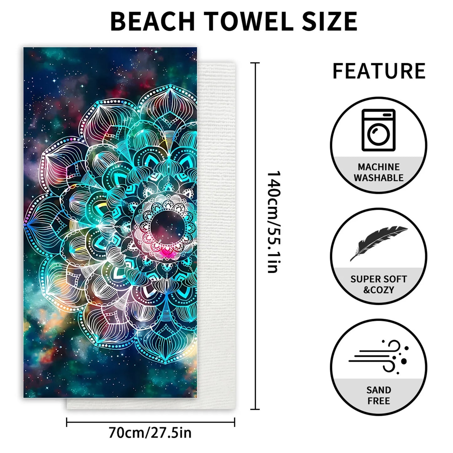 Serviette de plage imprimée numériquement Mandala, absorbant l'eau, séchage rapide, microcarence de natation, carré antistatique