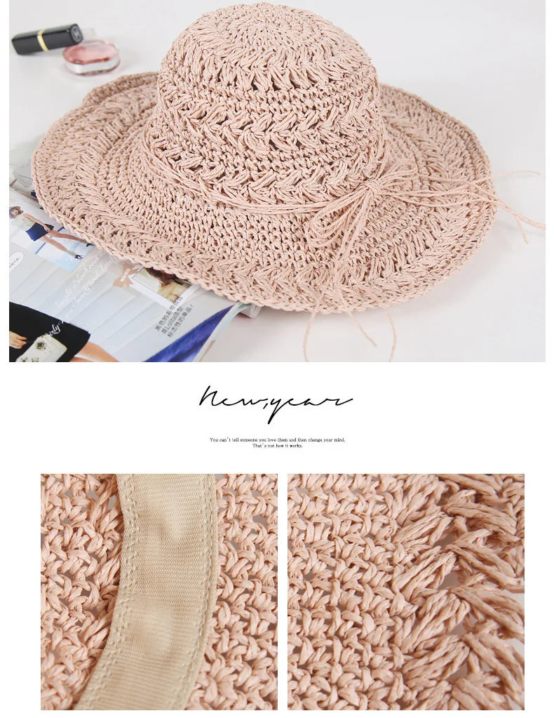 Chapeau de plage, chapeau de paille de plage d'été pour femmes, chapeau de soleil à grand avant-toit évidé à la main, chapeau de soleil pliant d'extérieur artistique et frais