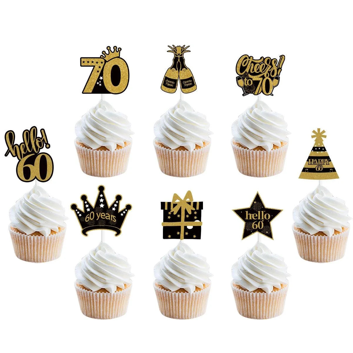 Décoration de Cupcake à paillettes dorées numéro 30 40 50 60 70, 12 pièces, pour 30e 40e 50e 60e 70e anniversaire, décoration de gâteau de fête