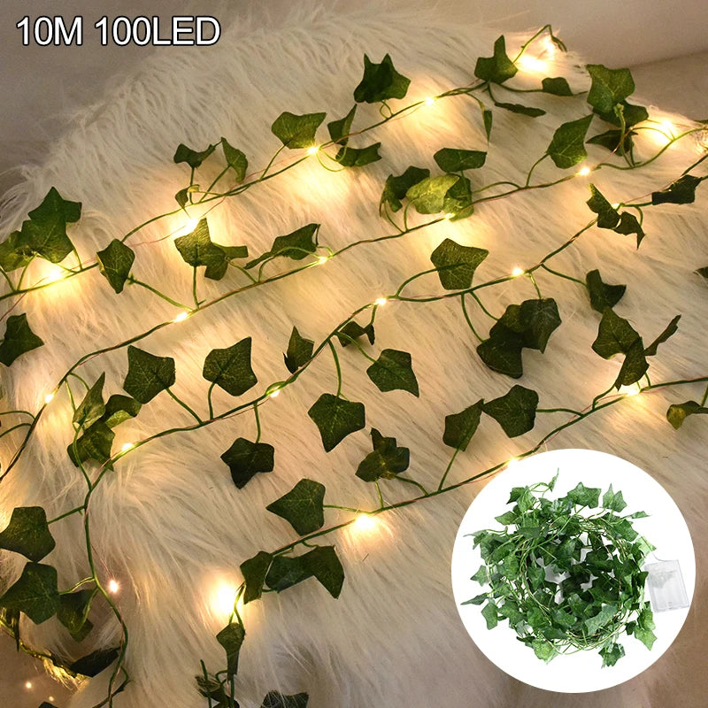 2/5/10M feuilles de soie fausse Creeper feuille verte lierre vigne LED chaîne lumières pour la maison mariage suspendus guirlande plantes artificielles décor