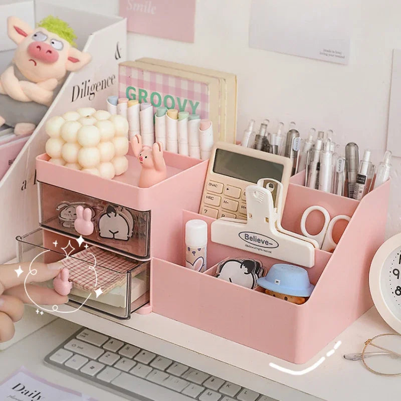 Boîte de rangement transparente pour cosmétiques, organisateur de bureau avec tiroirs, porte-stylo, support de rangement stationnaire pour bureaux de bureau