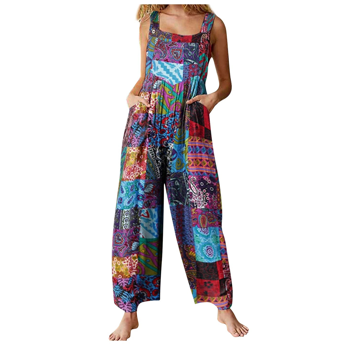 Combinaisons d'été pour femmes, salopette multicolore style ethnique, col carré, barboteuse décontractée avec poches pour filles