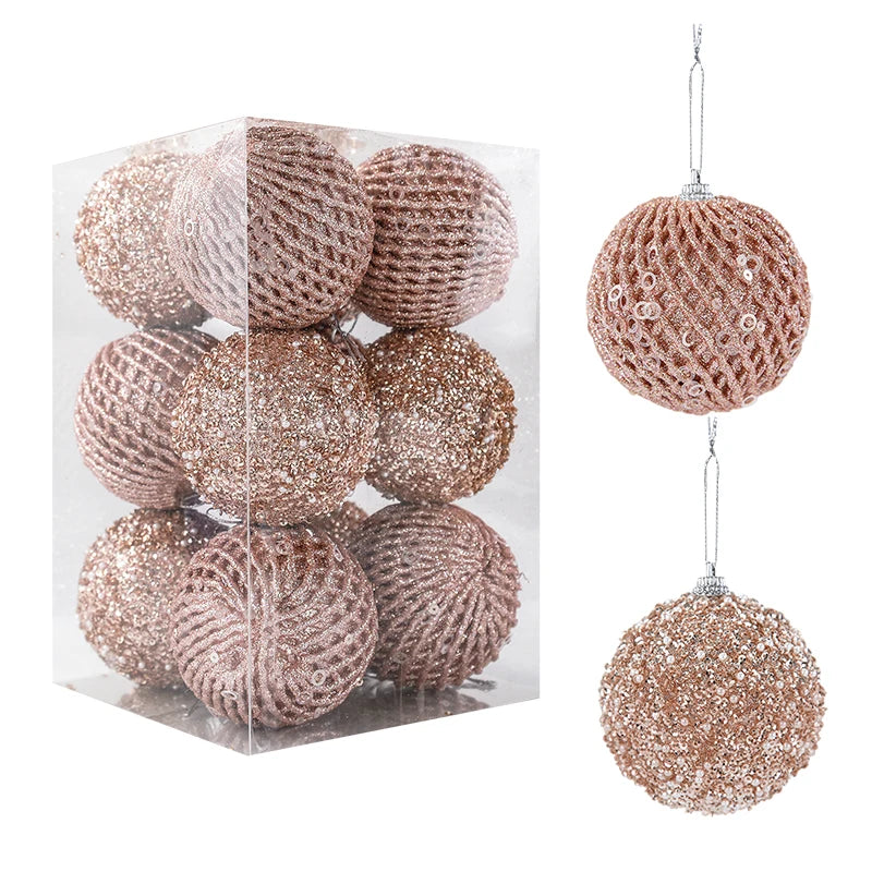 Ornements de sapin de Noël dorés et blancs scintillants, 8cm, 12 pièces