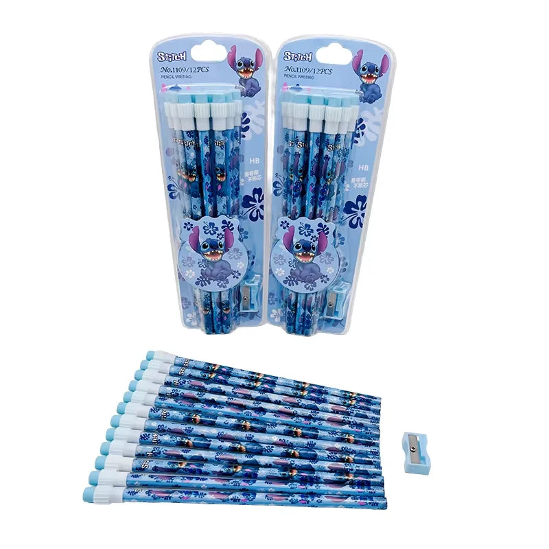 12 crayons HB de dessin animé Stitch Lilo & Stitch, 12 crayons et 1 rouleau à crayons, coffret de papeterie, écriture et dessin