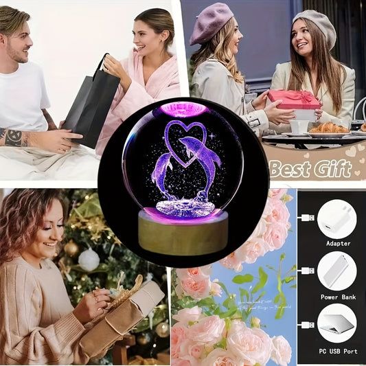 Veilleuse de couleur boule de cristal dauphin 3D, pour petite amie, femme, amis Saint-Valentin, Noël, cadeau d’anniversaire, boule de verre, salon, chambre à coucher, décoration de la maison