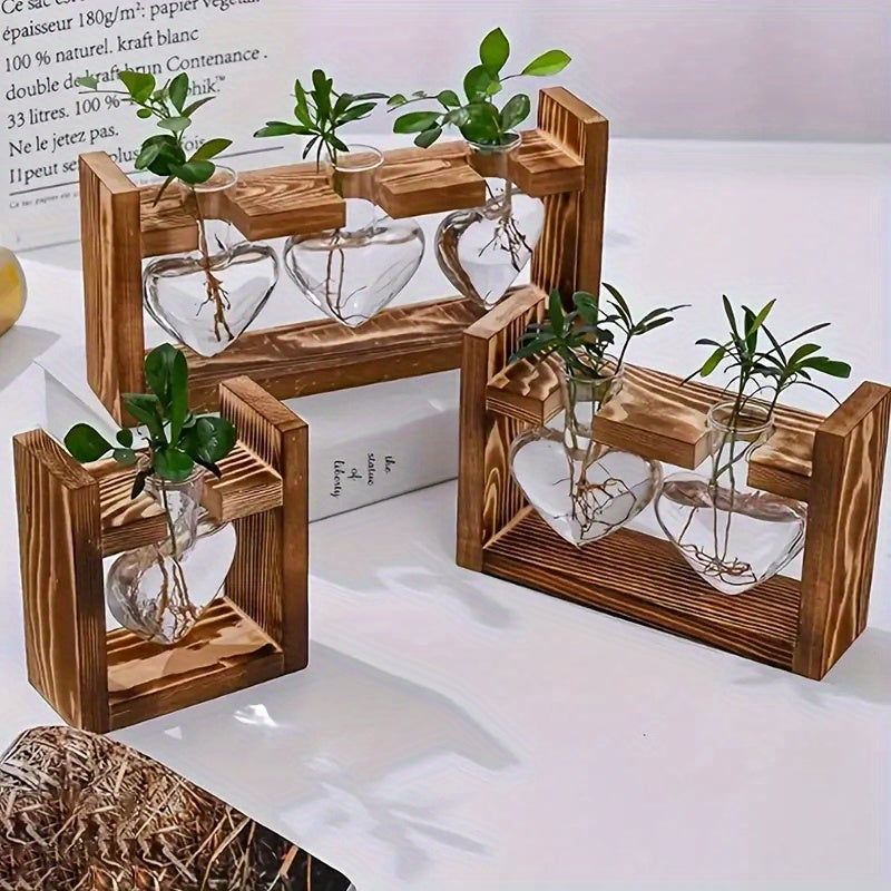 Petit vase à fleurs hydroponique à cadre en bois créatif, récipient en verre de plante de pin à vis verte, décoration de maison de bureau de salon, adapté pour Pâques et la fête des mères, c’est un cadeau idéal pour les amis et la famille.