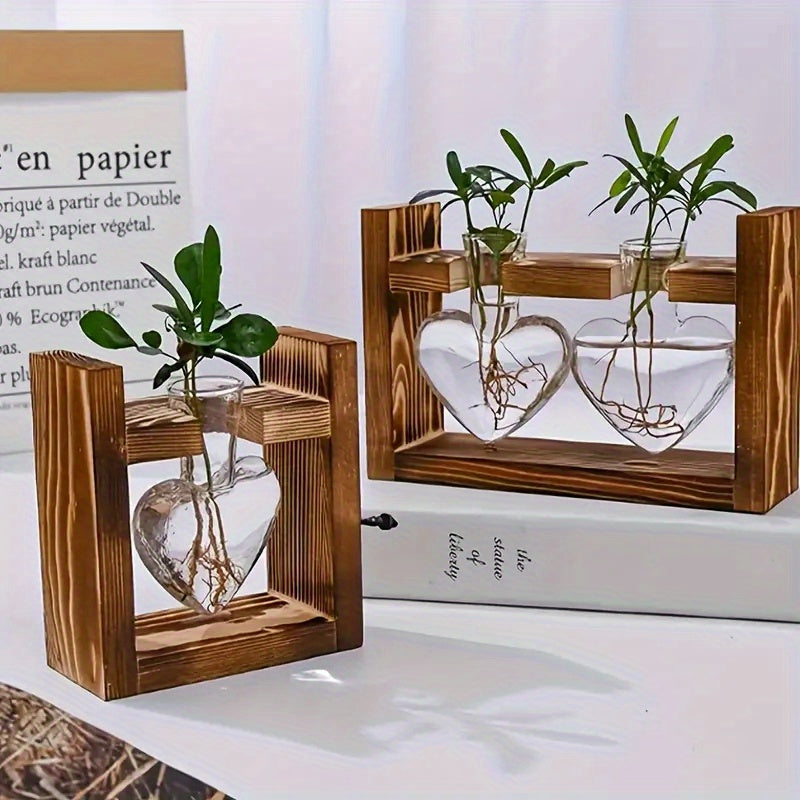 Petit vase à fleurs hydroponique à cadre en bois créatif, récipient en verre de plante de pin à vis verte, décoration de maison de bureau de salon, adapté pour Pâques et la fête des mères, c’est un cadeau idéal pour les amis et la famille.
