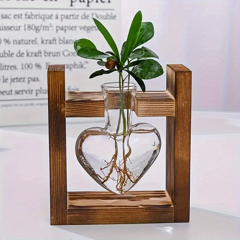 Petit vase à fleurs hydroponique à cadre en bois créatif, récipient en verre de plante de pin à vis verte, décoration de maison de bureau de salon, adapté pour Pâques et la fête des mères, c’est un cadeau idéal pour les amis et la famille.