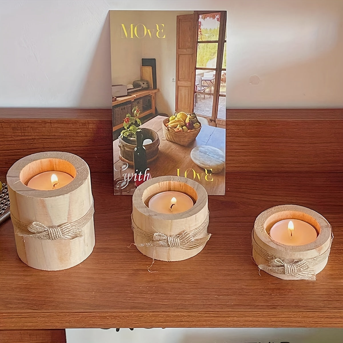 Ensemble de trois chandeliers cylindriques, artisanat en bois, chandelier en pin créatif, décoration de la maison, ornement de bougeoir en cire de thé fait à la main