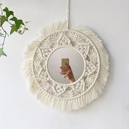 1 miroir à pampilles circulaire tissé à la main - Style encastré fixé au mur