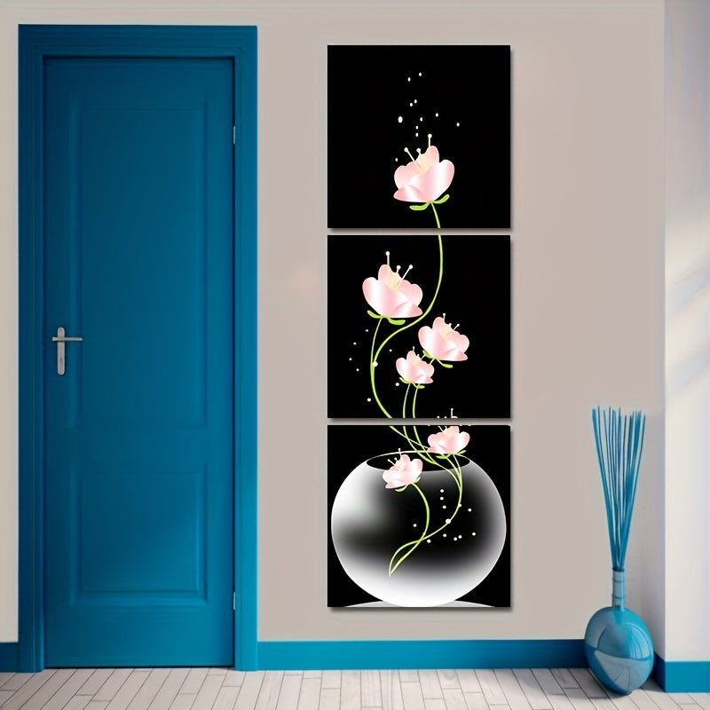Lot de 3 impressions sur toile carrées de fleurs roses, tableau d'art mural