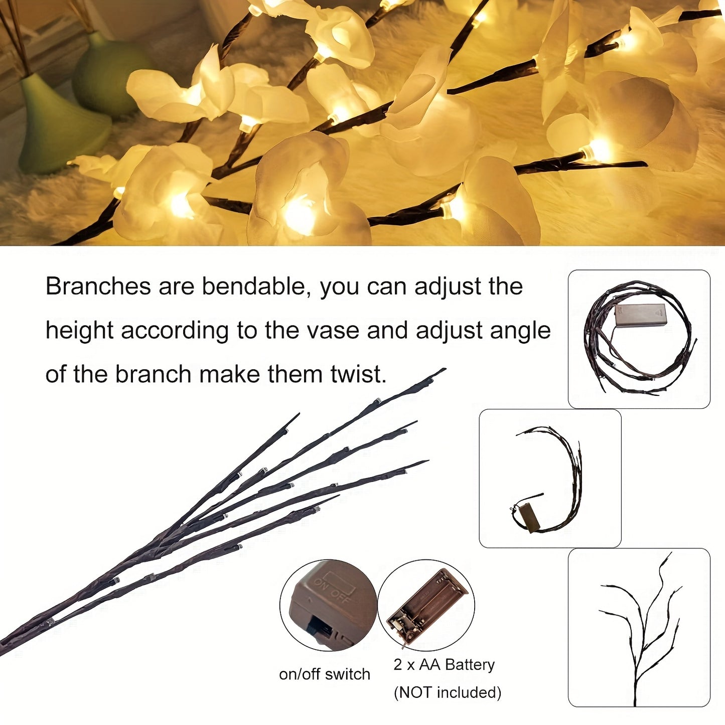 20pcs LED Willow Branch Lights pour la décoration de la maison, la décoration de chambre à coucher, la décoration de mariage, Noël, la Saint-Valentin, les lumières de décoration de la fête des mères, les piles non incluses (blanc)