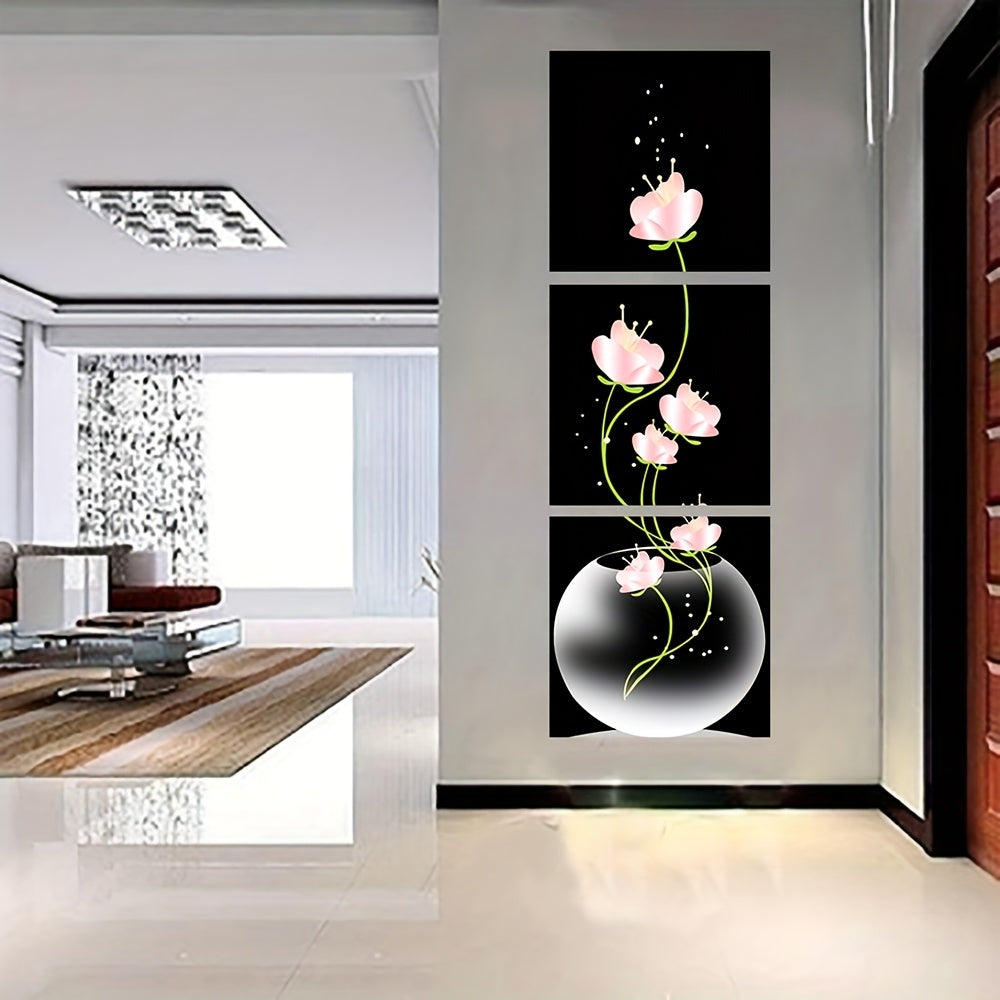 Lot de 3 impressions sur toile carrées de fleurs roses, tableau d'art mural