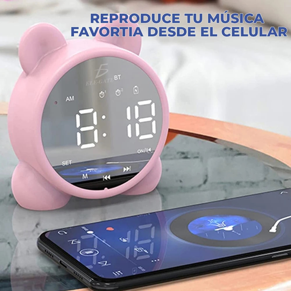 Réveil de bureau en bois pour enfants avec lumière pour lecteur de musique Bluetooth Calendrier- Affichage numérique de la date Alimenté par batterie Cubique