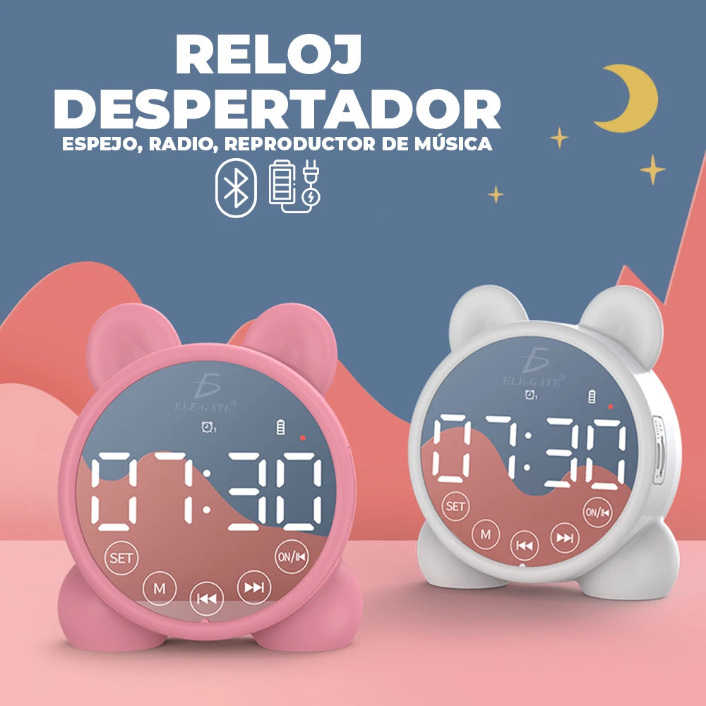 Réveil de bureau en bois pour enfants avec lumière pour lecteur de musique Bluetooth Calendrier- Affichage numérique de la date Alimenté par batterie Cubique