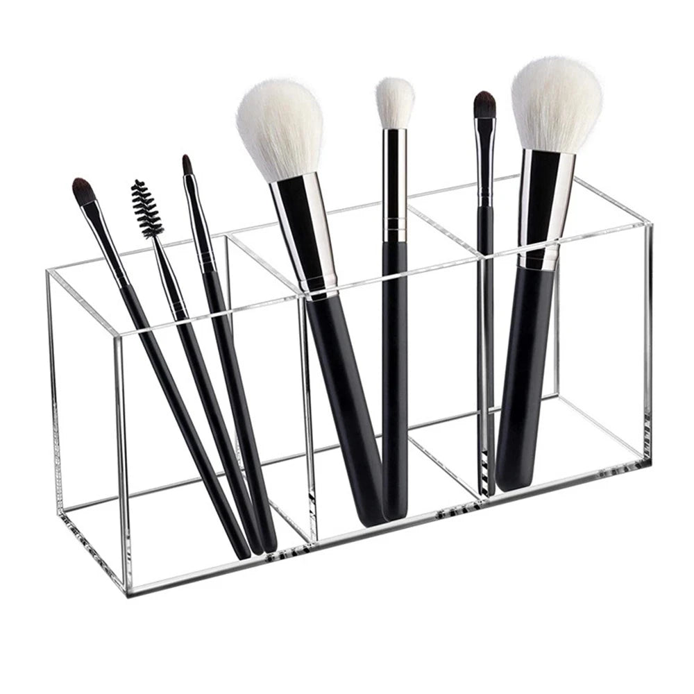 Organisateur de pinceaux de maquillage transparent, plateau de rangement de maquillage, organisateur de maquillage de tiroir de salle de bain, organisateur de pinceaux de maquillage en acrylique à 3 fentes