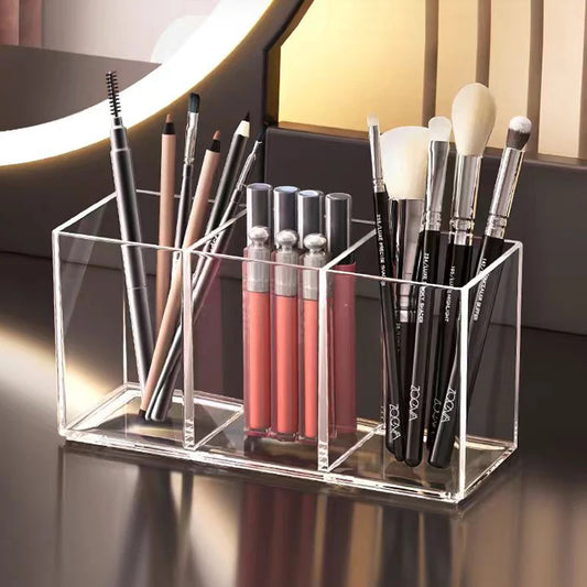 Organisateur de pinceaux de maquillage transparent, plateau de rangement de maquillage, organisateur de maquillage de tiroir de salle de bain, organisateur de pinceaux de maquillage en acrylique à 3 fentes