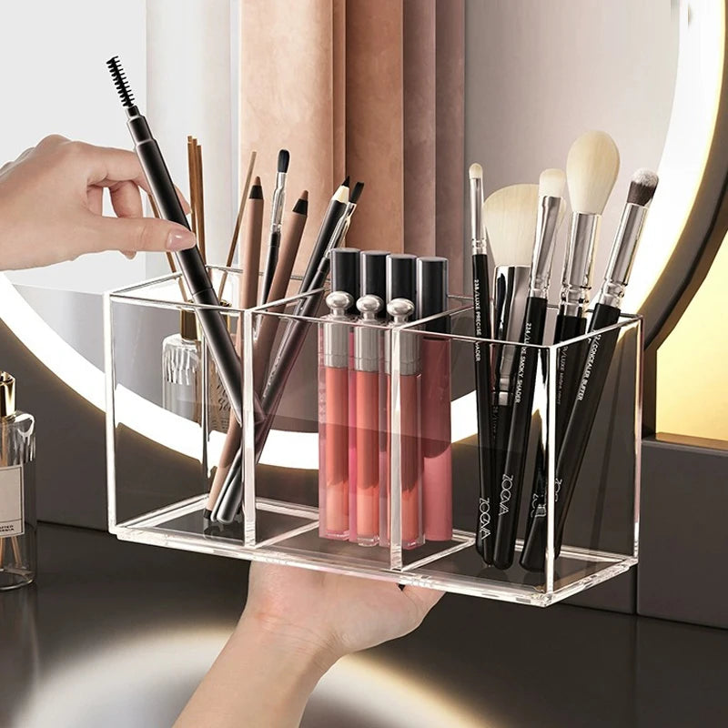 Organisateur de pinceaux de maquillage transparent, plateau de rangement de maquillage, organisateur de maquillage de tiroir de salle de bain, organisateur de pinceaux de maquillage en acrylique à 3 fentes