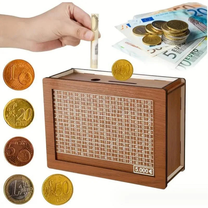 Boîte d’économie d’argent en bois Banque de stockage d’argent avec objectif d’économie d’argent Compteur Tirelire réutilisable faite à la main Boîte de rangement