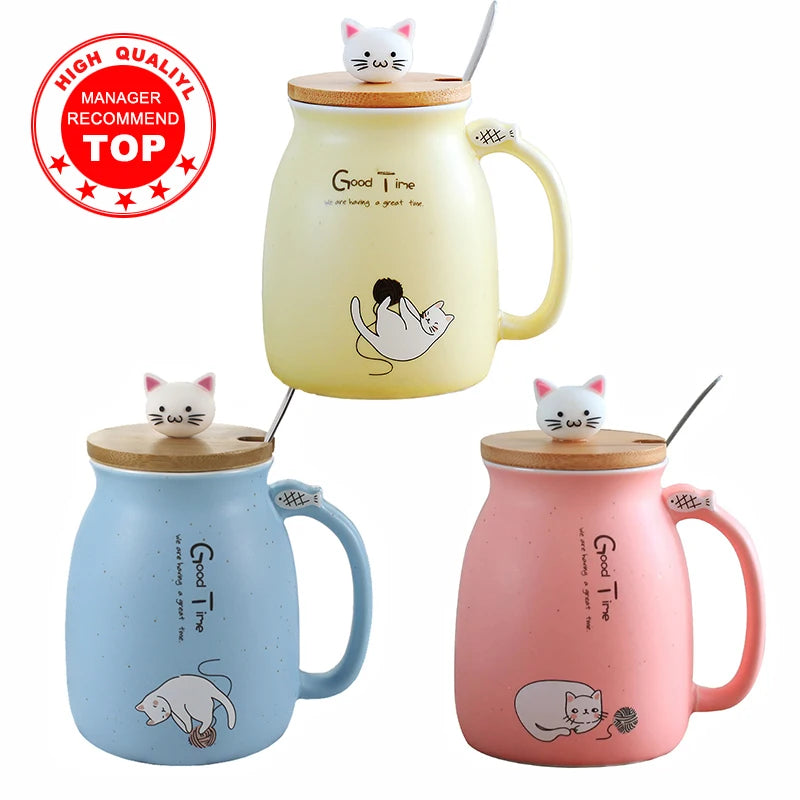 Tasse résistante à la chaleur pour chat, couleur créative, dessin animé avec couvercle, tasse de 450ml, chaton, café, tasses en céramique, tasse pour enfants, verres de bureau, cadeau