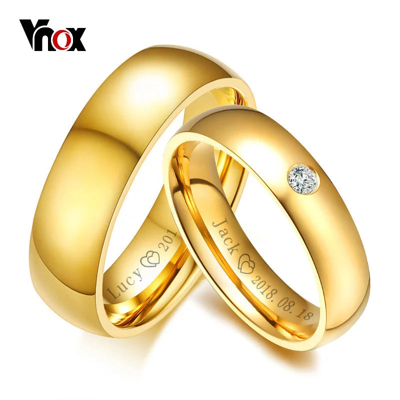 Vnox – bagues de mariage classiques pour femmes et hommes, couleur or, en acier inoxydable, pour Couple, anniversaire, nom personnalisé