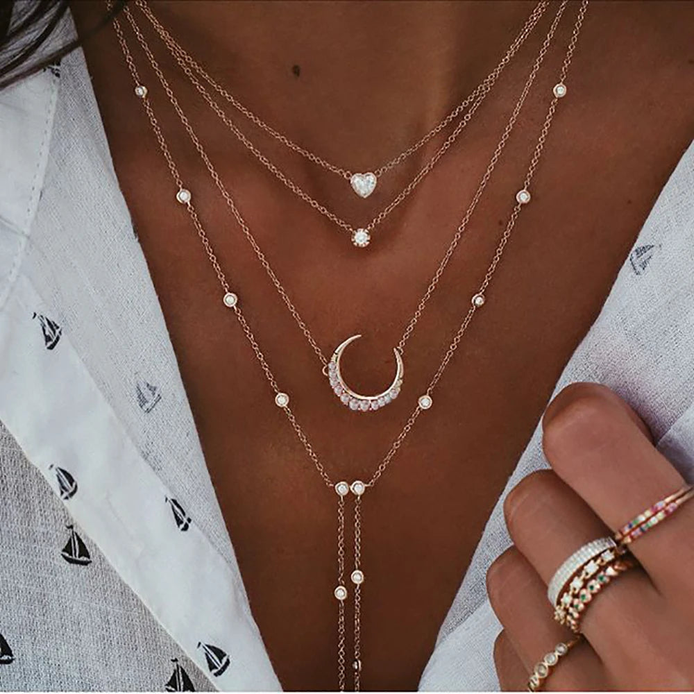 Nouveau Vintage cristal géométrie étoile lune serrure collier pour femmes 2020 Boho multi-niveaux pendentifs colliers Sautoirs bijoux cadeau