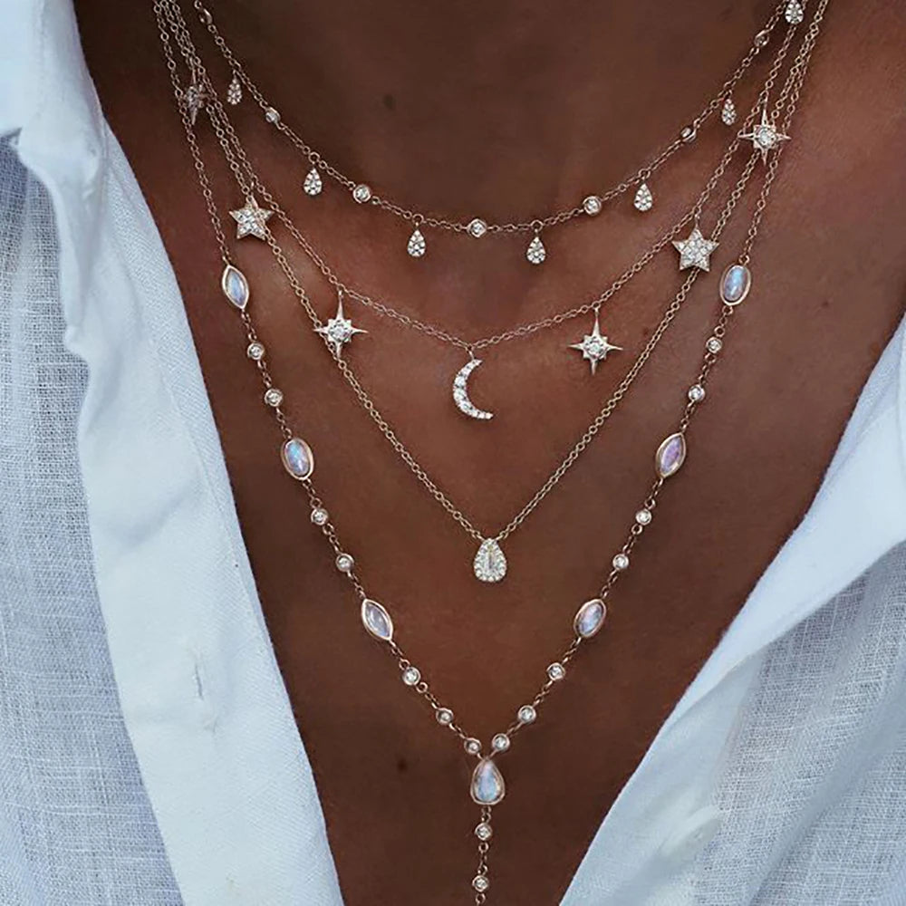 Nouveau Vintage cristal géométrie étoile lune serrure collier pour femmes 2020 Boho multi-niveaux pendentifs colliers Sautoirs bijoux cadeau