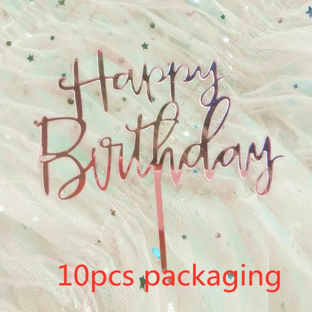 Décoration de gâteau joyeux anniversaire en or Rose, 10 pièces, argent noir, Design Simple, décoration de gâteau en acrylique, décoration de Dessert pour fête prénatale